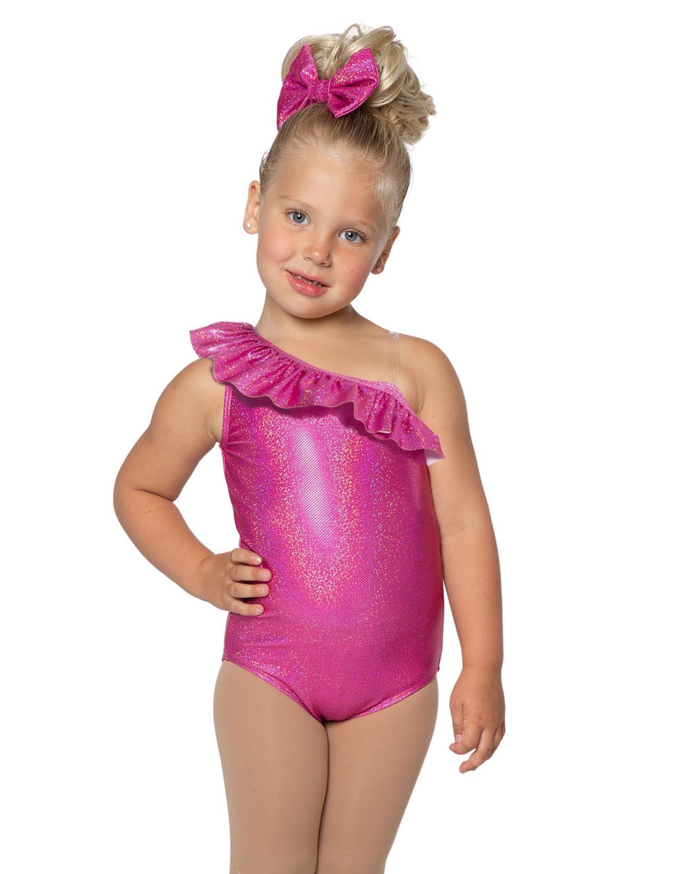 Solid Hologram One Shoulder Leotard with Ruffle