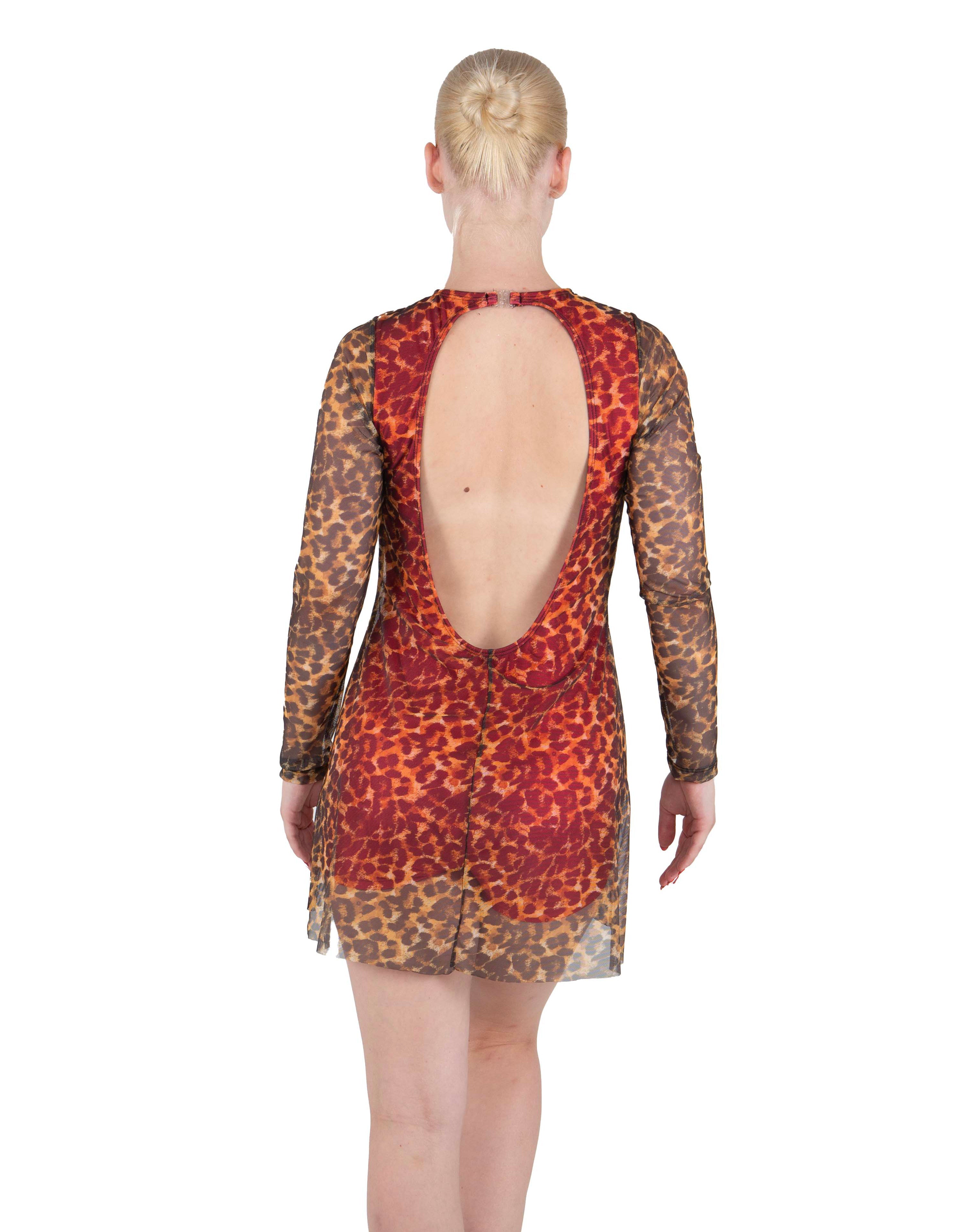 Fierce LS Round Neck Dress with Open Back and Side Slits Sheer