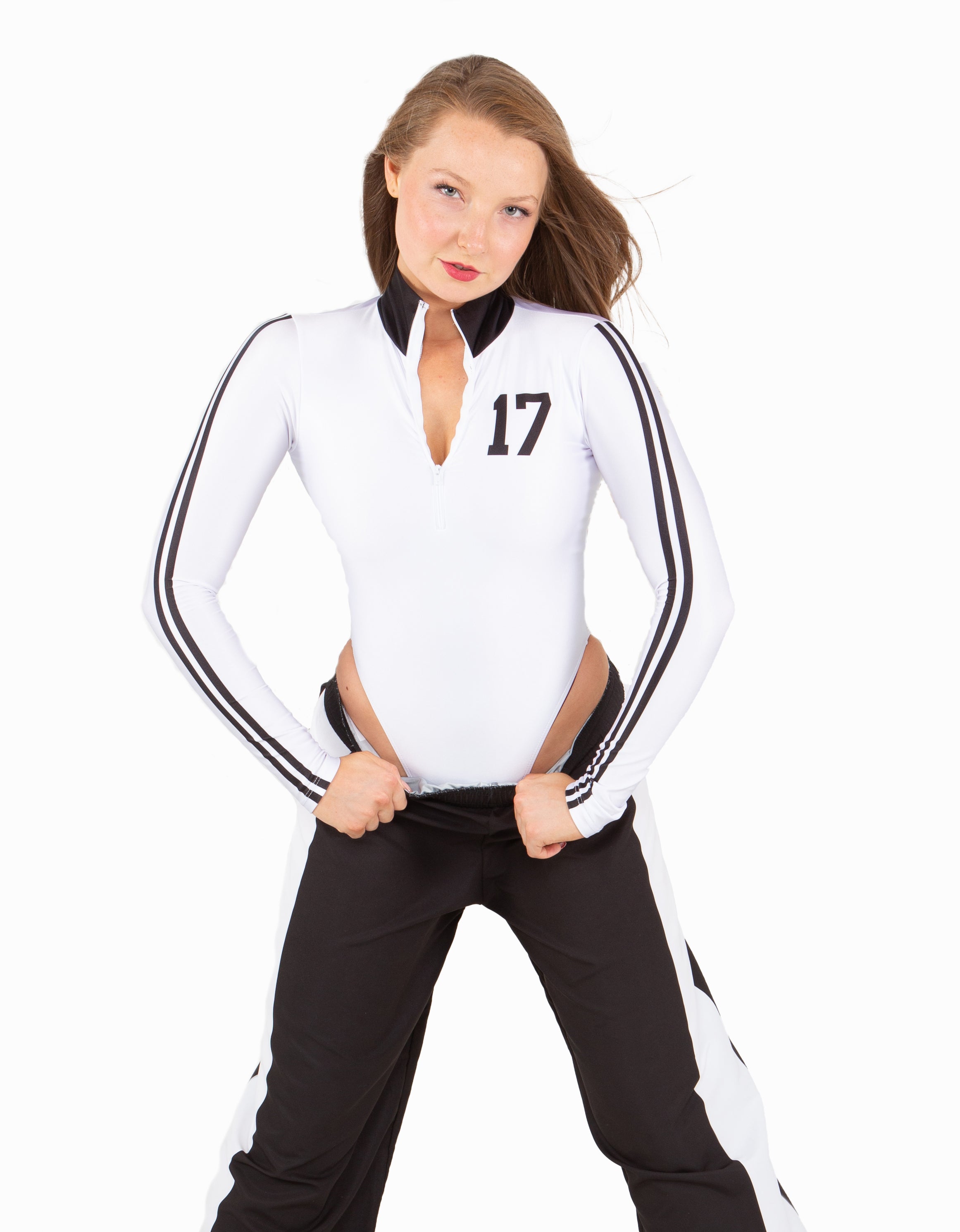 Varsity LS TNeck Zipper Front Leotard High Cut Leg