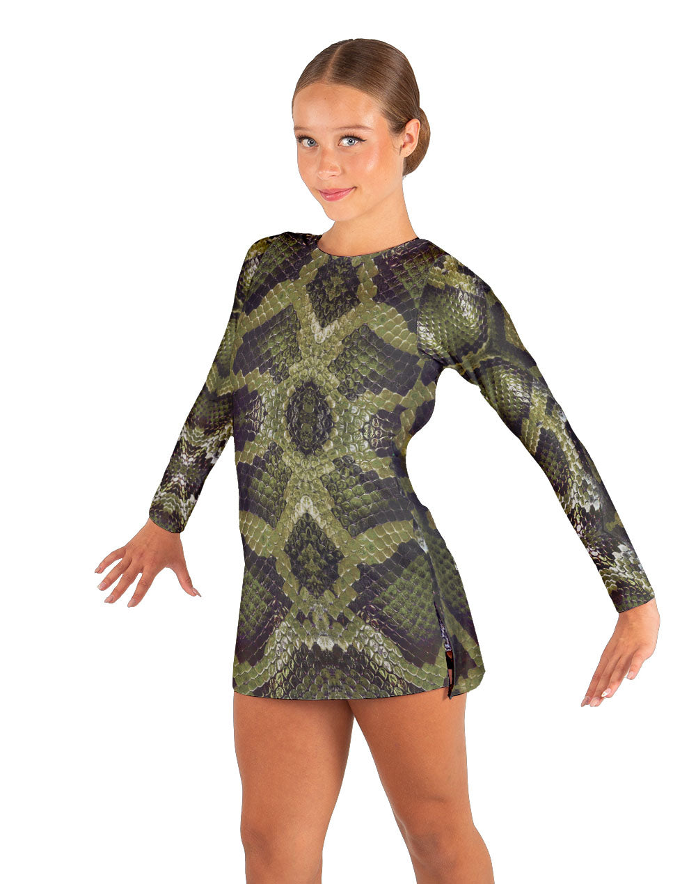 Snake LS Round Neck Dress with Open Back and Side Slits