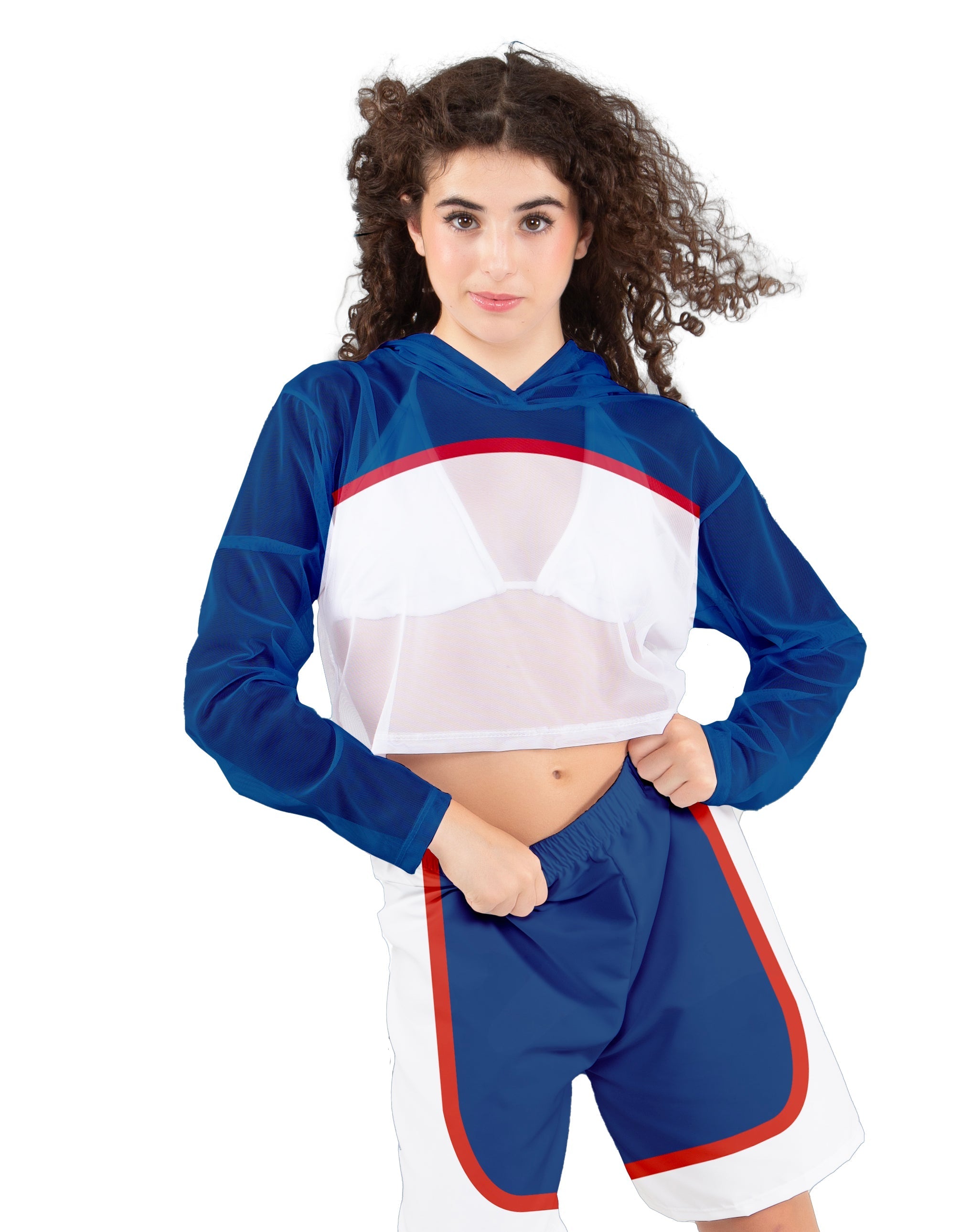 Red White and Blue Loose Mesh Hooded Top