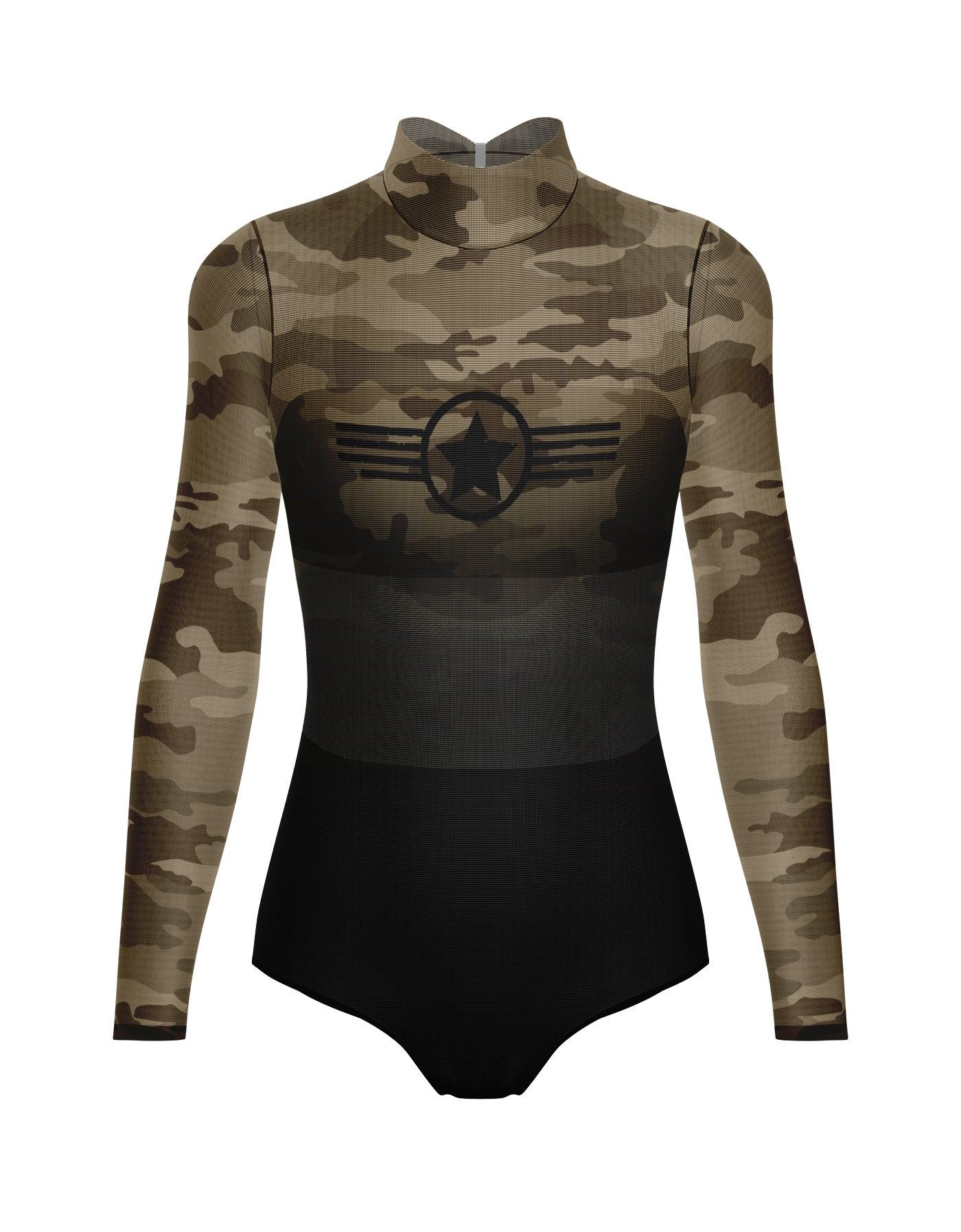 Army Camo Mesh LS Tneck Open Back Leotard with Lycra Bandeau/Panty - Hamilton Theatrical
