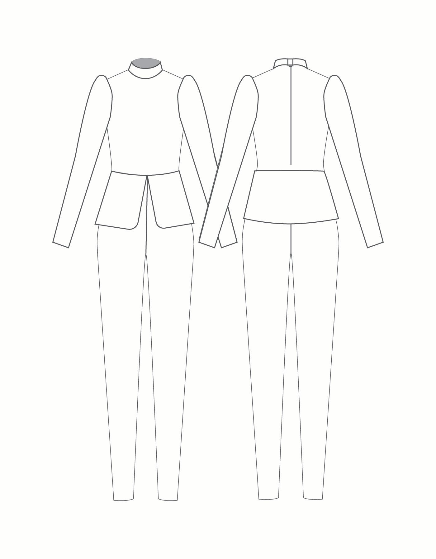 Custom Inked LS Puff Sleeve TNeck Zipper Back Unitard with Tunic Peplum and Slim Leg - Lycra