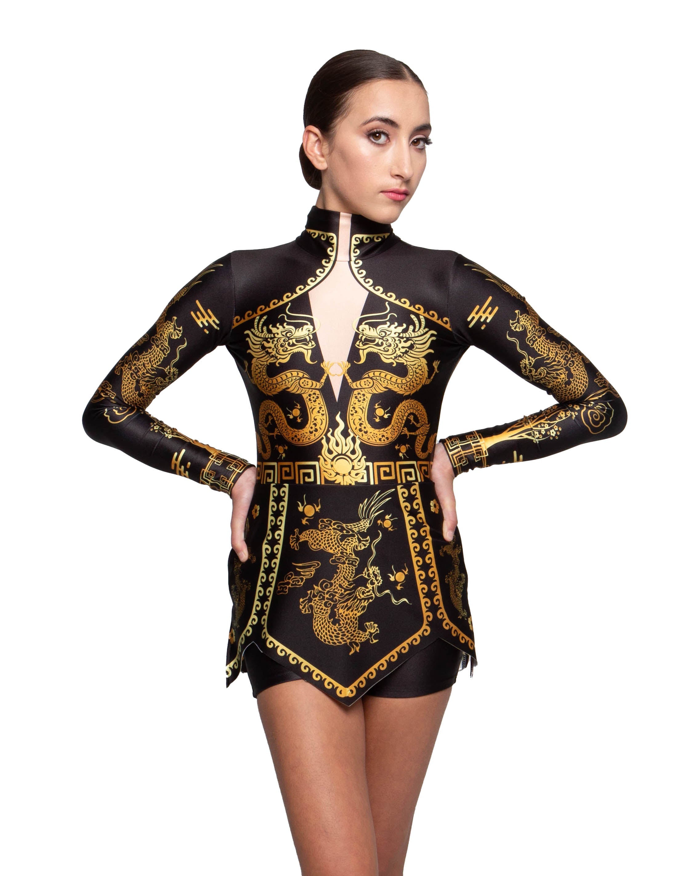 Gold Dragon LS Open Back TNeck Biketard with Panel Skirt