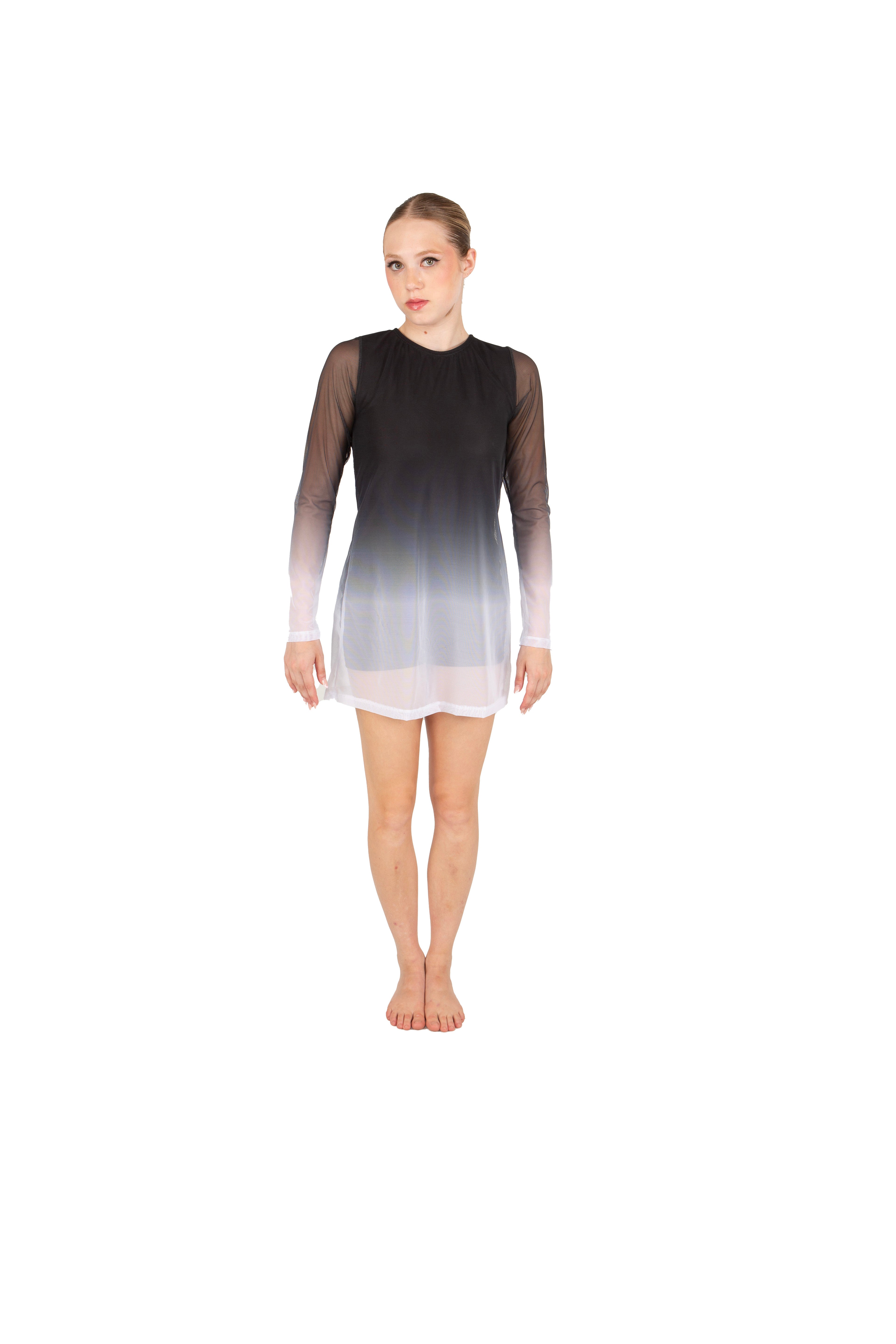 Divine Black Body LS Round Neck Dress with Open Back and Side Slits Sheer