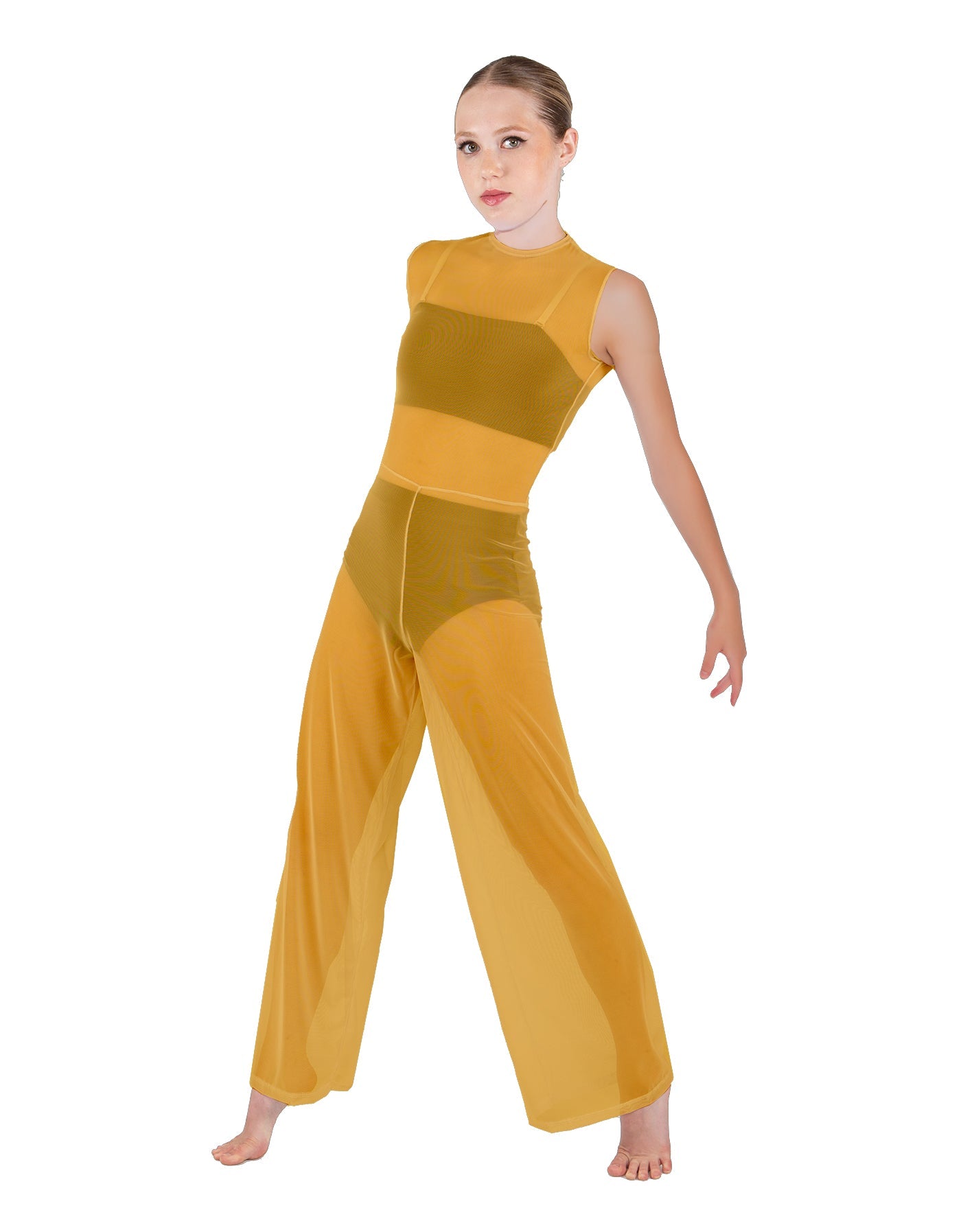 Solid Lycra Keyhole Wide Leg Mesh Unitard with Bandeau and Panty