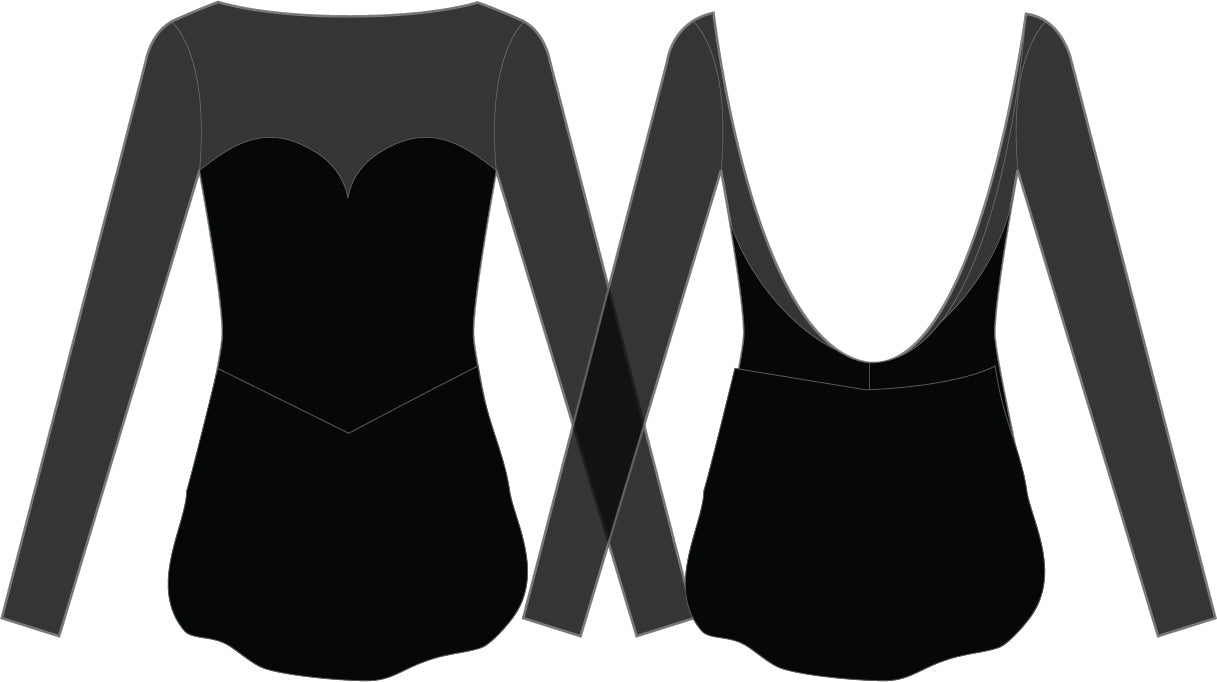 Solid Lycra LS Mesh Sweetheart Dress with V Waist Skirt