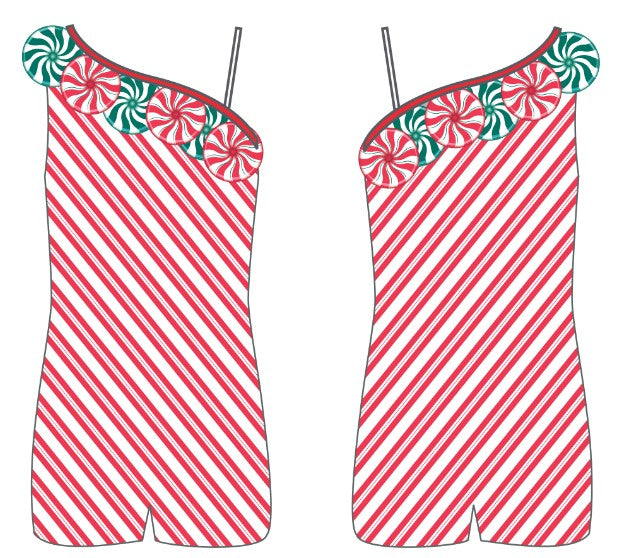 Candy Cane One Shoulder w Ruffle Biketard