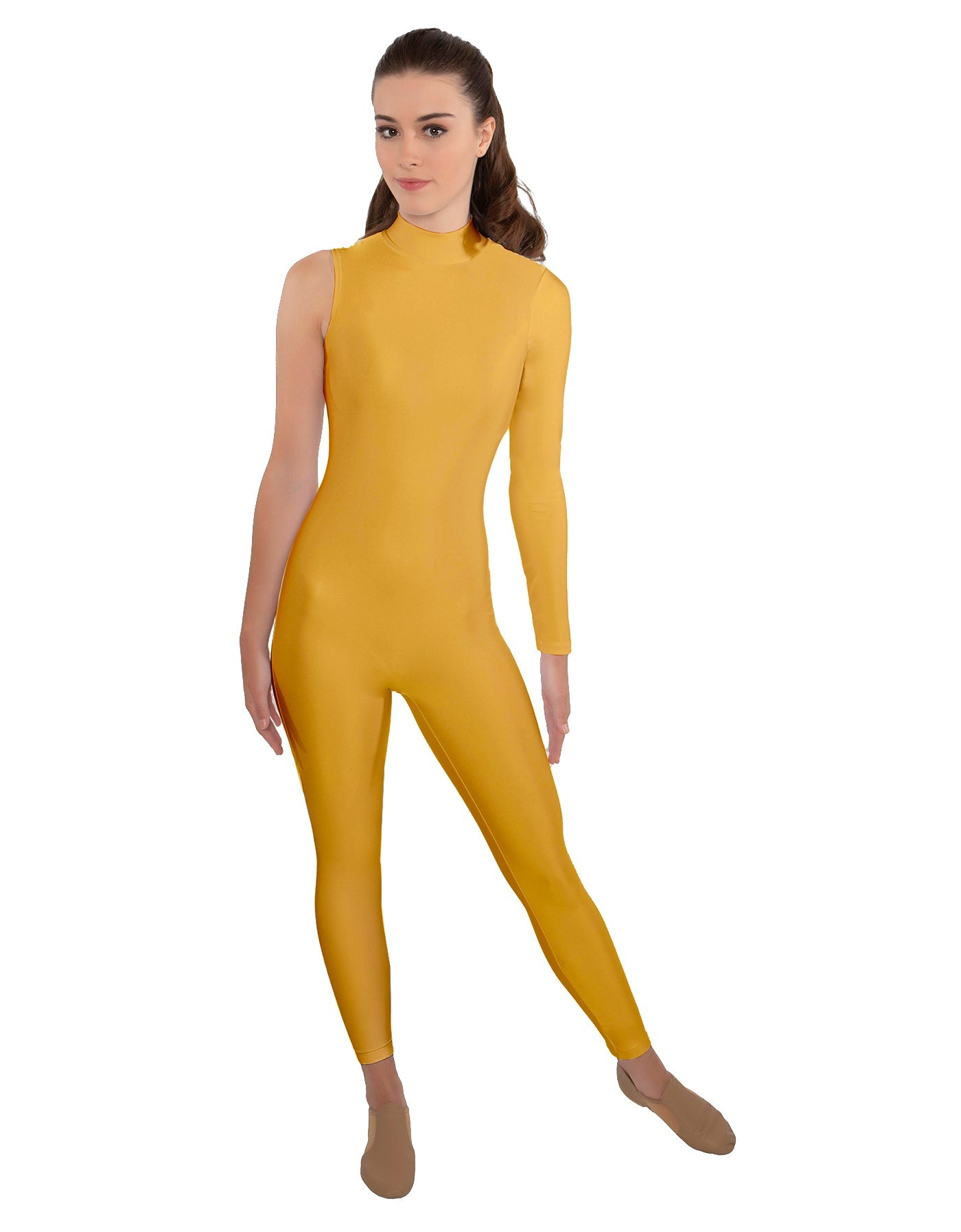 Solid Lycra One Sleeve TNeck Zipper Back Unitard