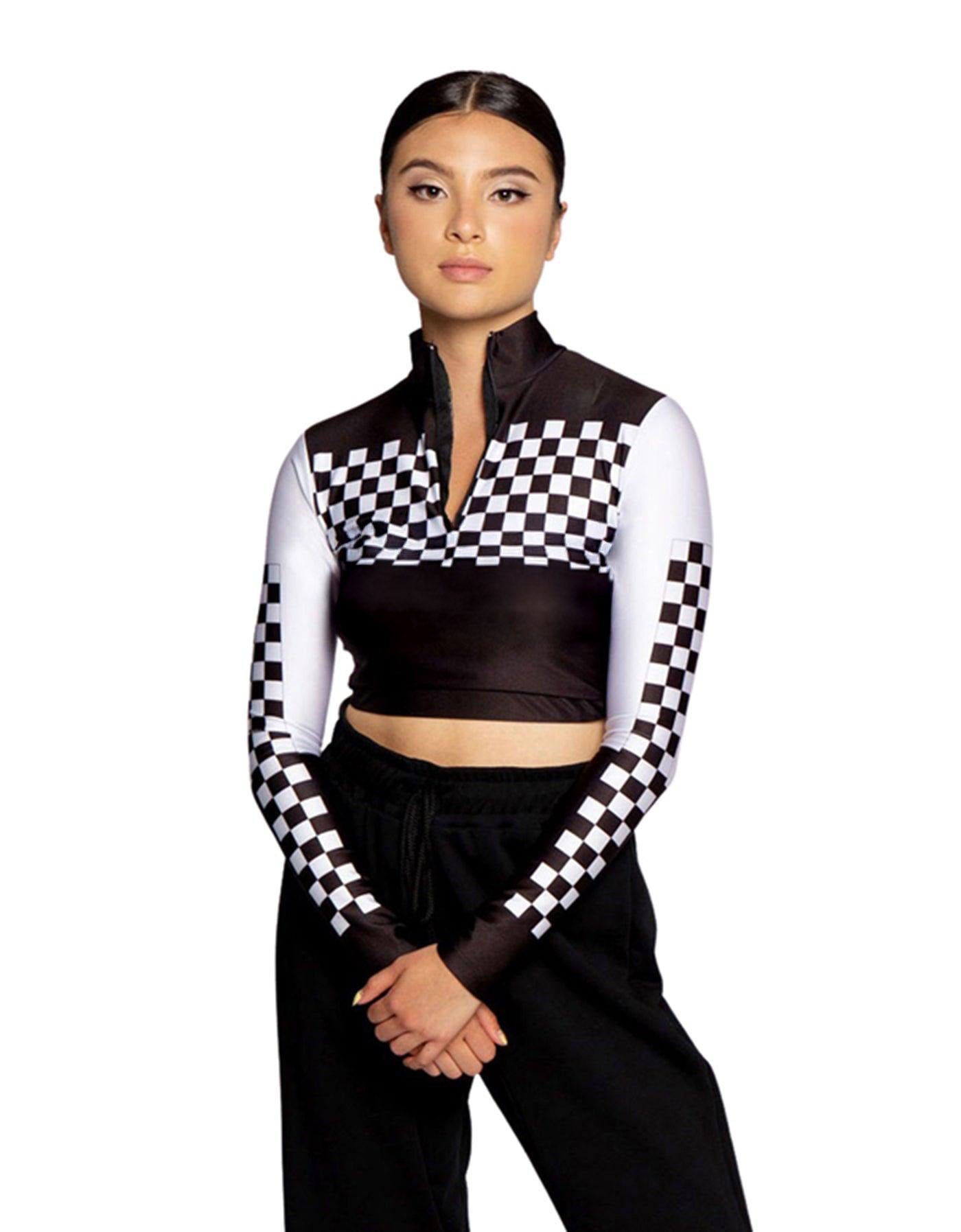Checkers LS Zipper Front Crop Top
